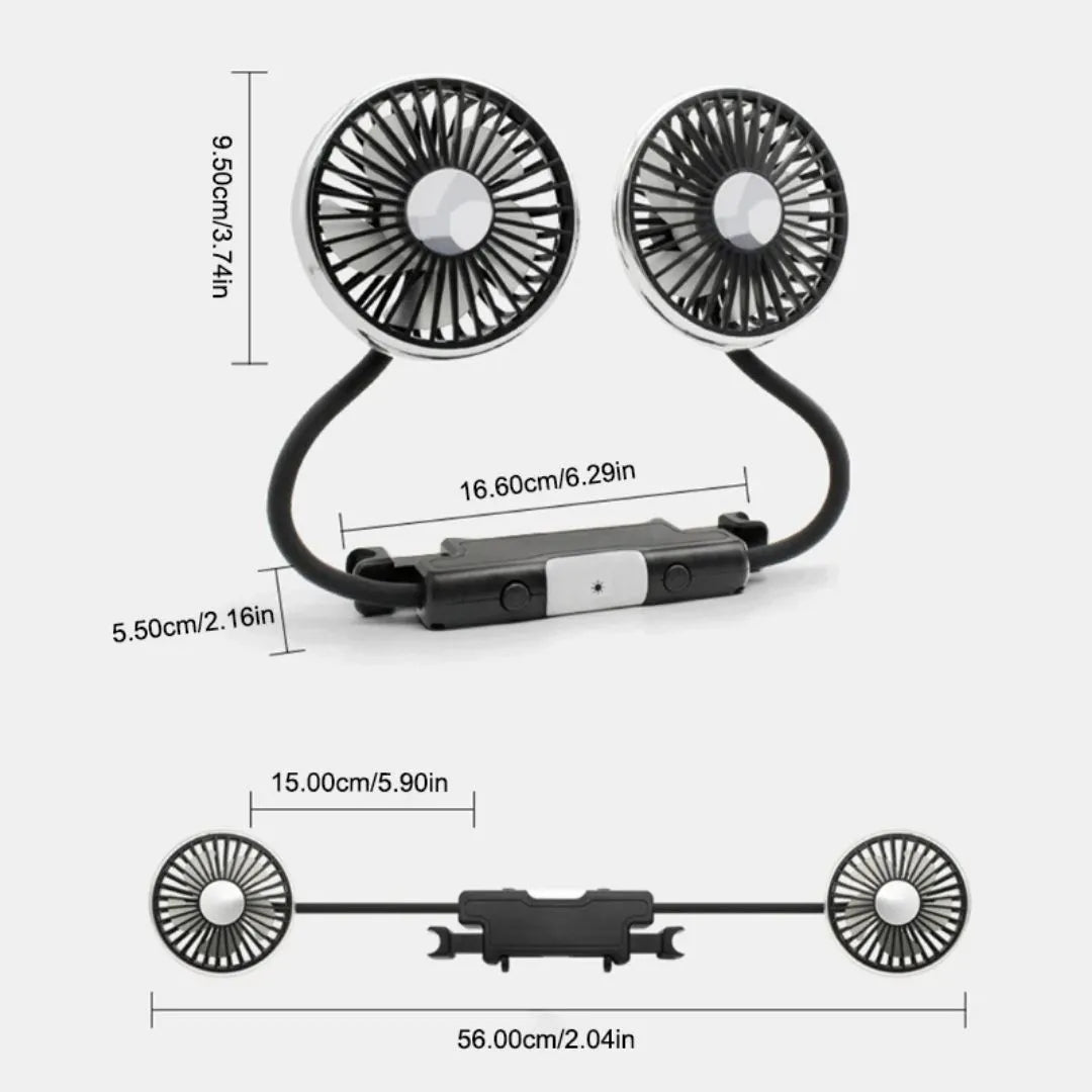 車内を一瞬で快適空間に｜360°回転デュアルヘッドUSBカー扇風機（LEDライト付き）