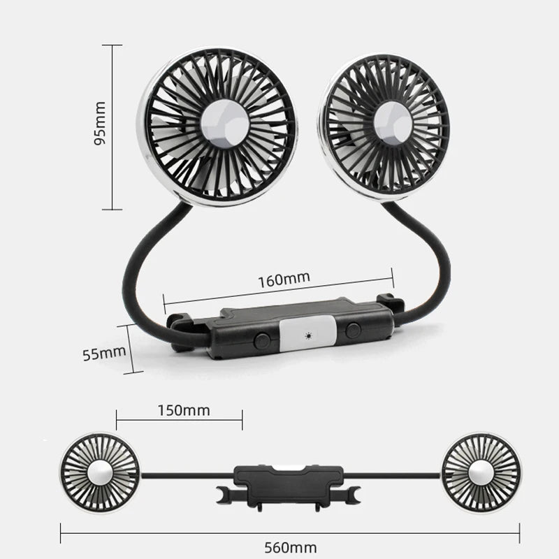 車内を一瞬で快適空間に｜360°回転デュアルヘッドUSBカー扇風機（LEDライト付き）